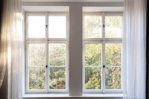 Image is of a wood window looking out to a garden