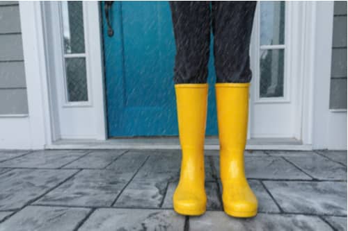 storm doors concept person in boots at front door rainy day